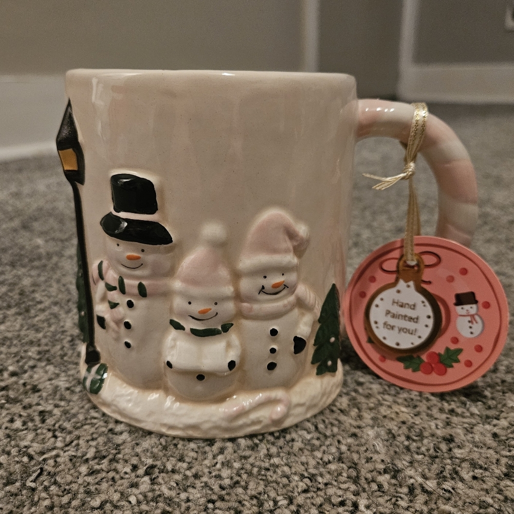 Snowman Family Handpainted Ceramic Mug Festive Christmas Unique